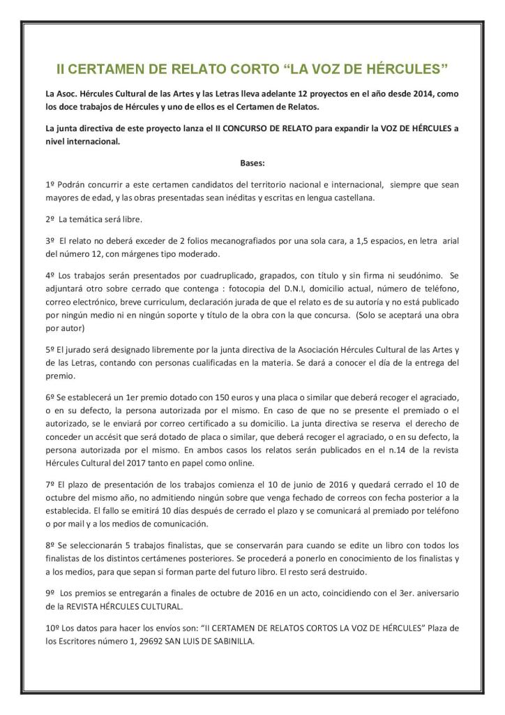 II CERTAMEN DE RELATO CORTO LA VOZ DE HÉRCULES 2016